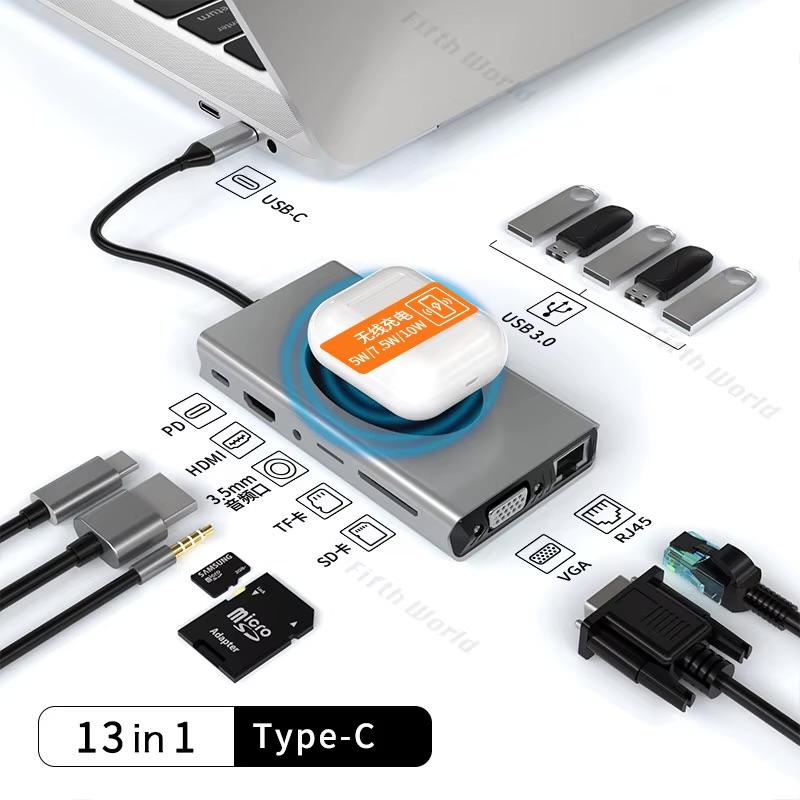 UD32, 12 In 1 Usb C To Hdmi+RJ45(100Mbps+2*Usb3.0+Usb2.0+2*Usb C+SD/TF Slot+3.5mm Audio+Pd, With Wireless Charging