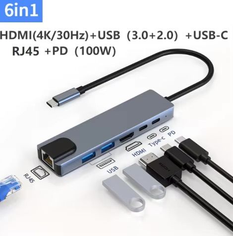 UM44. 6 in 1 USB C HDMI+RJ45(100Mbps)+USB3.0+USB2.0+USB C+PD