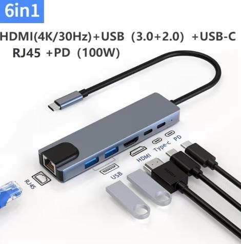 UM44. 6 in 1 USB C HDMI+RJ45(100Mbps)+USB3.0+USB2.0+USB C+PD